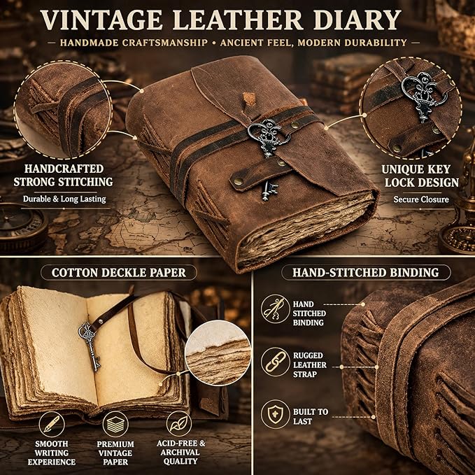 cuero Vintage Leather Journal - Handmade Refillable Leather Bound Notebook with Deckle Edge Paper, Antique Travel Diary, Writing Journal for Men & Women - Vintage Notebook Binder (4 by 6 inch)