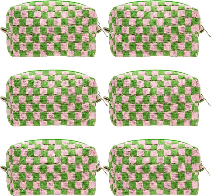 Checkered Makeup Bag for Purse, Small Cosmetic Pouch,Pink Green,6 Pack | Cute Zipper Makeup Organizer for Women, Travel Essentials, Toiletries, Makeup Brushes, Beauty Accessories&Bridesmaid Gifts