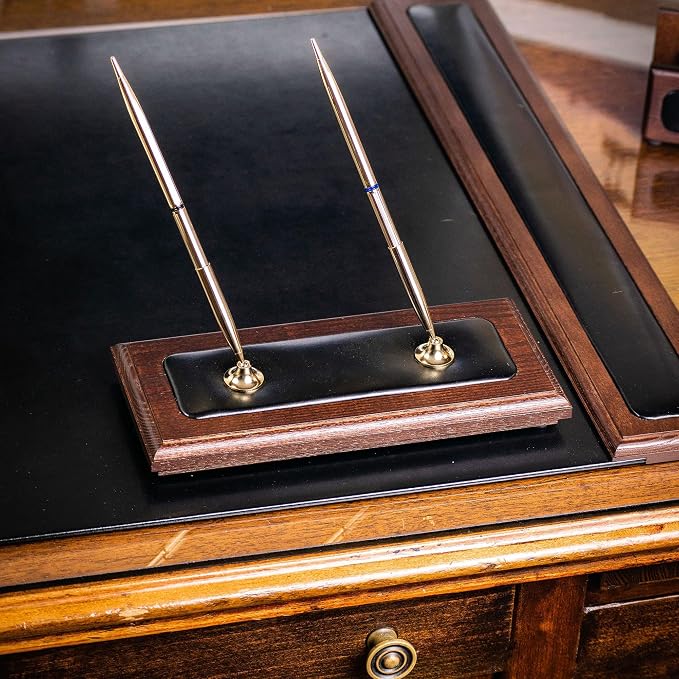 Dacasso Luxury Walnut & Black Leather Double Pen Stand with Rolling Ball Pen - Executive Desk Decor and Elegant Organizer
