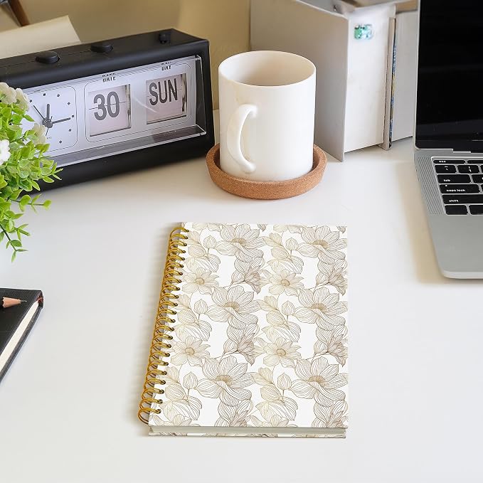 Elegant Neutral Floral Spiral Notebook, Beige and Gold Botanical Journal, Vintage Minimalist Linear Flower Plant Hardcover Notebook Journal, 5.5x8.3 Inch