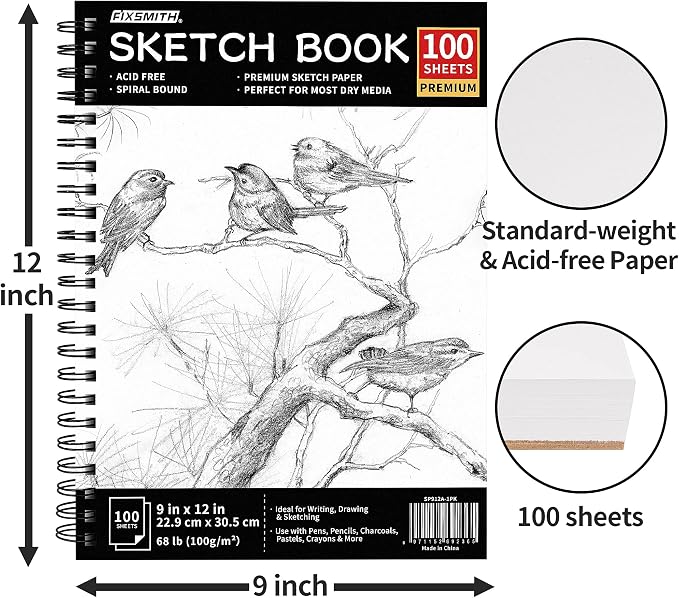FIXSMITH 9"X12" Sketch Book, 100 Sheets, 68 lb/100gsm | 100 Sheets, Bright White, Spiral Sketchbook, Acid Free Drawing Paper, For Kids, Beginners, Artists & Professionals