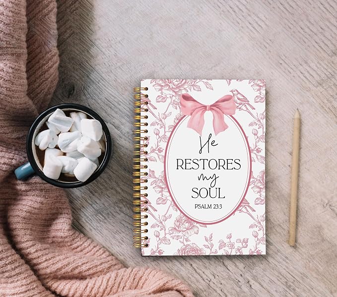Christian Notebook for Women, Christian Gifts Journal, Prayer Journal for Women, Bible Journaling Notebook, PSALM 23:3 He Restores My Soul Floral Spiral Notebook 5.5x8.3