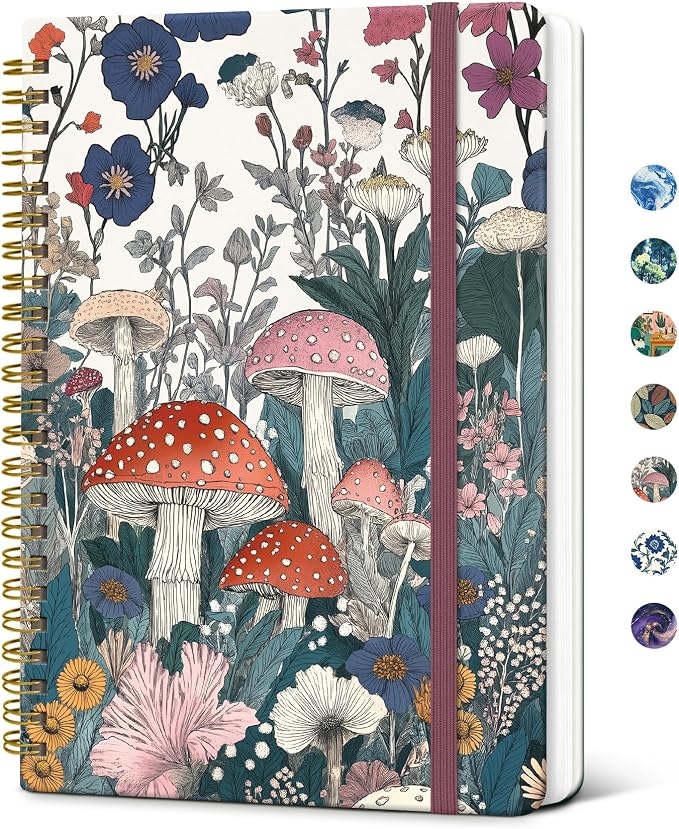 Taja Spiral Journal Notebook for Women, Pretty Hardcover Lined Notebook for Work & Note Taking, Aesthetic Cute Journal for Writing, 140 Pages, 5.8"x8.3", Vivid Mushroom