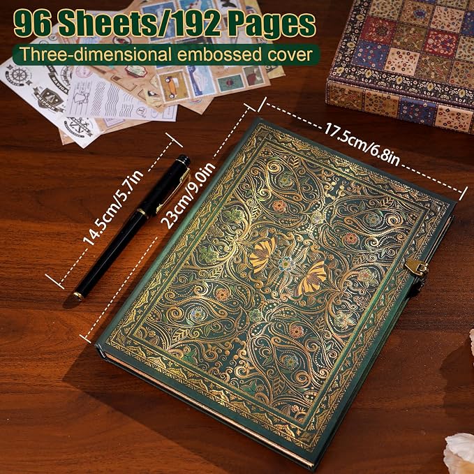 Retro 3D Hot Stamping Green Butterfly Flower Cover Notebook,Contains 96 Sheets/192 Blank Lines Lined Journal,With Envelope Pocket Journal,Suitable As A Notebook,Travel Diary,Wedding Anniversary.