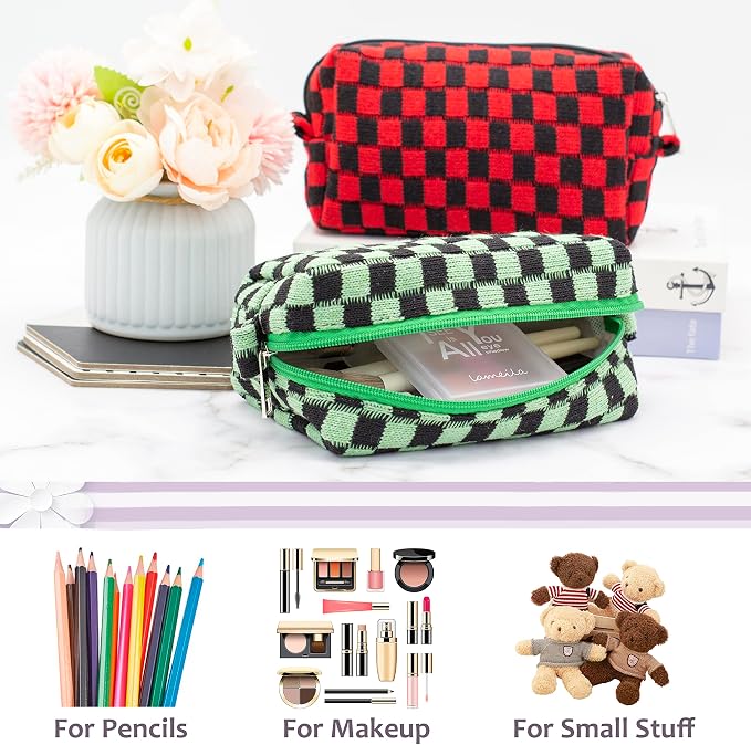 PAZIMIIK Checkered Makeup Bag for Purse Portable Zipper Make Up Pouch Small Cosmetic Case for Travel Accessories (Green Black) | Cute Zipper Makeup Organizer for Women, Travel Essentials, Toiletries, Makeup Brushes, Beauty Accessories&Bridesmaid Gifts
