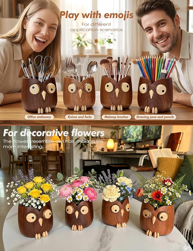 Solid Wood Owl Pen Holder for Desk with Magnetic Spinning Eyes, Funny Pencil Holder, Cute Desk Accessories, Home Office Decor, Gift for Teachers, Coworkers, Friends & Family