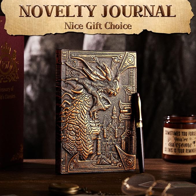 Dragon Journal Embossed Leather Journal Writing Antique Dragon Journal Notebook with Pen Lined Paper Hardcover Gift Journal Notebook Executive Notebook Travel Diary for Women Men, A5 (Dark Red)