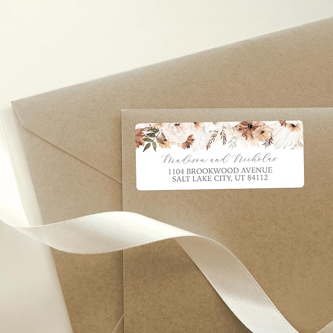 Return Address Labels Personalized with Your Choice of 30 Flower Styles - Choose Font and Font Color or Add Custom Text - Perfect for Wedding Envelopes (030 Neutral Boho Flowers)