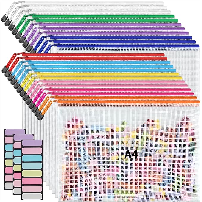 JARLINK A4 Mesh Zipper Pouch Bags, 24 Pcs Waterproof Zipper Pouch Bags | Multi-use Mesh Bags for Board Games & Puzzles, Office School Supplies, Toys, Cosmetics Travel Storage, 10 Colors, Lettle Size