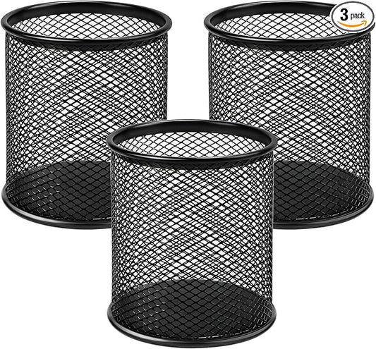 MaxGear Pen Holder for Desk 3 Pack,Mesh Metal, Non-Slip EVA Pad, 3.7’’ Tall | Black, ABS-coated, Steel Wire, Desk Accessories & Workspace Organizers, For Home School Office
