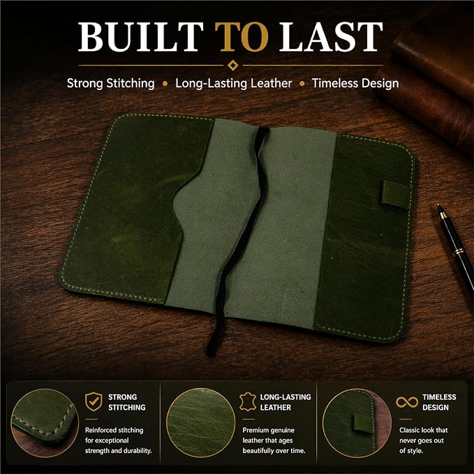 Green Leather Journal Cover XL – Handmade Refillable Notebook Holder with Pen Loop, B5 Writing Organizer for Office, Travel & Professional Use 7.5 x 9.5