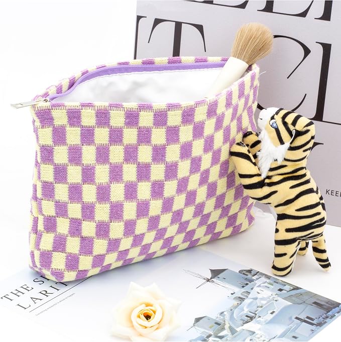 PAZIMIIK Checkered Makeup Bag for Purse, Small Flat Cosmetic Pouch,Purple | Cute Zipper Makeup Organizer for Women, Travel Essentials, Toiletries, Makeup Brushes, Beauty Accessories&Bridesmaid Gifts