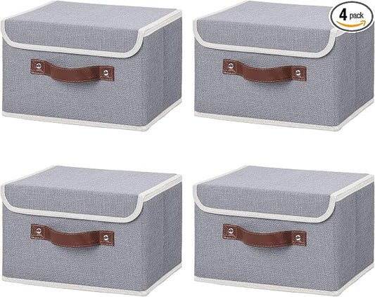 ANMINY 4PCS Storage Bins with Lid PU Leather Handles Storage Boxes PP Plastic Board Decorative Foldable Lidded Cotton Linen Fabric Home Cubes Baskets Closet Organizer Containers - Gray, Small Size