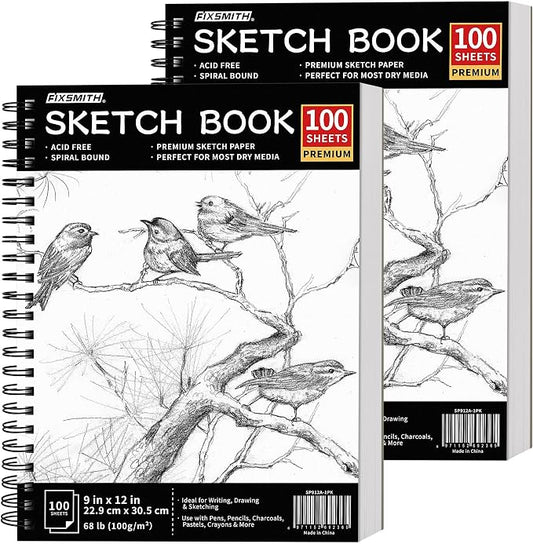 FIXSMITH 9"X12" Sketch Book | 200 Sheets (68 lb/100gsm) Sketchbook| 2 Pack (100 Sheets Each) |Acid Free Drawing Paper | Spiral Bound Sketchpad for Beginners,Artists & Professionals | Bright White