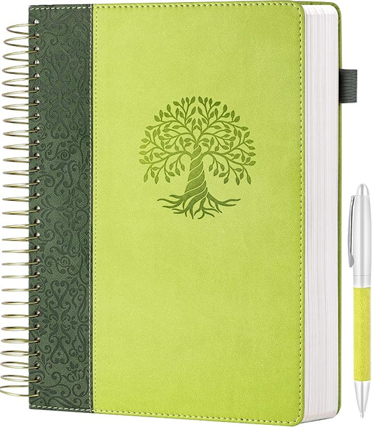 Spiral Notebook Wide Ruled Leather Journal for Women, 300 Pages, 7X10,Green | Large Notebooks for School Office, Note Taking Notebooks for Writing Lined Notebook with Tabs Pockets Pen Holder