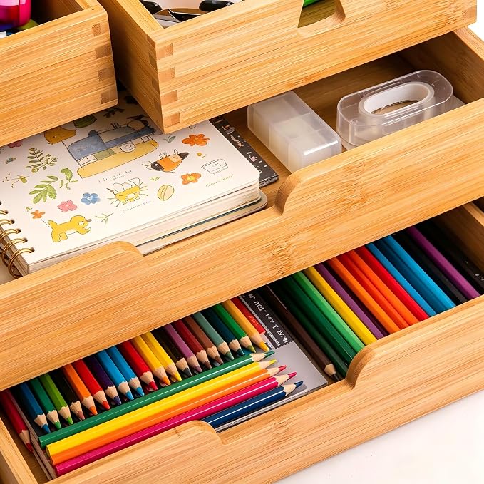 DEAYOU Bamboo Desk Organizer, 100% Natural Bamboo Desktop Drawer Organizer, Tabletop Storage Cabinet Organization Box with 4 Drawers for Makeup, Letter, Home Office Supplies, 3-Layer, Fully Assembled