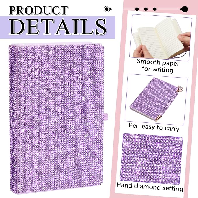 Rhinestone Pen & Glitter Notebook Set, Hard Cover Bling Diary Journal for Girls, Cute School Supplies for Back to School, Sparkly Desk Accessories Gift for Women(Rhinestone,A6,Purple)