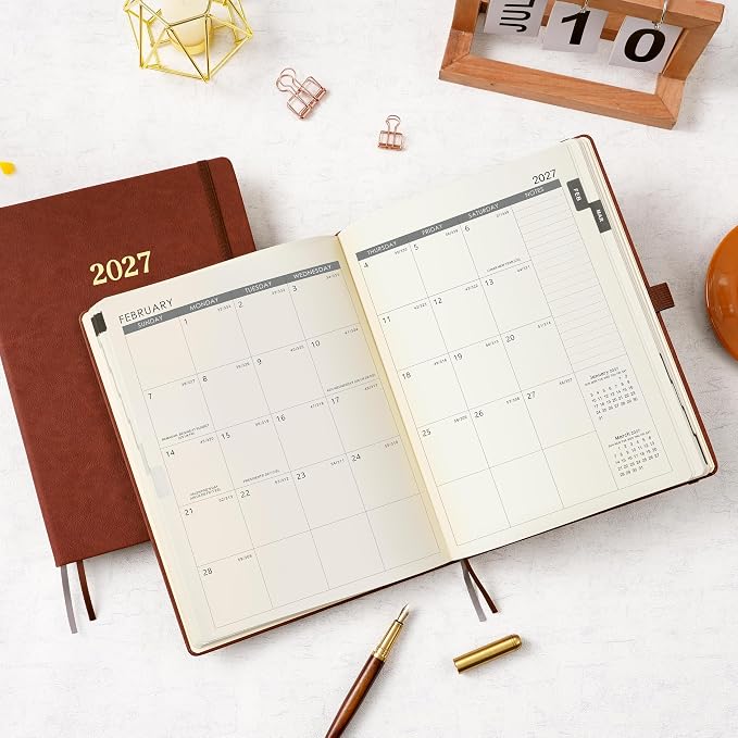 Vondafe 2027 Planner Weekly and Monthly, Jan. 2027 - Dec. 2027, 9" x 11" | Inner Pocket + Elastic Closure + Pen Loop + Bookmarks, Leather Hardcover, Brown, Calendar Planner 2027 for office planning