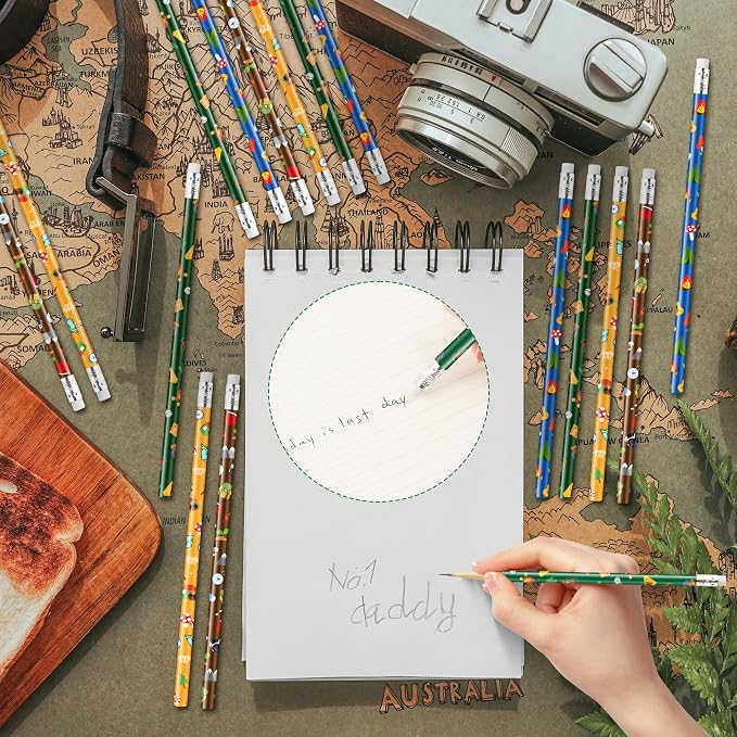 Xqumoi 60Pcs Camping Pencils with Erasers - 4 Designs #2 HB Pencils in Bulk Outdoor Camping Patterns Themed Stationery School Classroom Rewards Goodie Bag Fillers Stuffers Birthday Party Favors