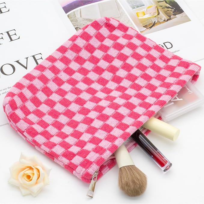 PAZIMIIK Checkered Makeup Bag for Purse, Small Flat Cosmetic Pouch,Hotpink | Cute Zipper Makeup Organizer for Women, Travel Essentials, Toiletries, Makeup Brushes, Beauty Accessories&Bridesmaid Gifts