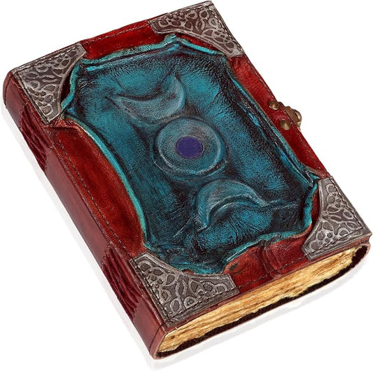 3 Moon Blue Lapis Embossed Vintage Leather Journal | 240 Pages of Antique Handmade Deckle Edge Vintage Paper, Leather Sketchbook, Embossed Drawing Journal (5x7 inch, Teal Blue)
