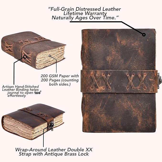 Leather Journal for Women & Men – Vintage Leather Bound Notebook with Lock, 200 Pages Handmade Deckle Edge Paper (200 GSM), Lay Flat Design, Book of Shadows