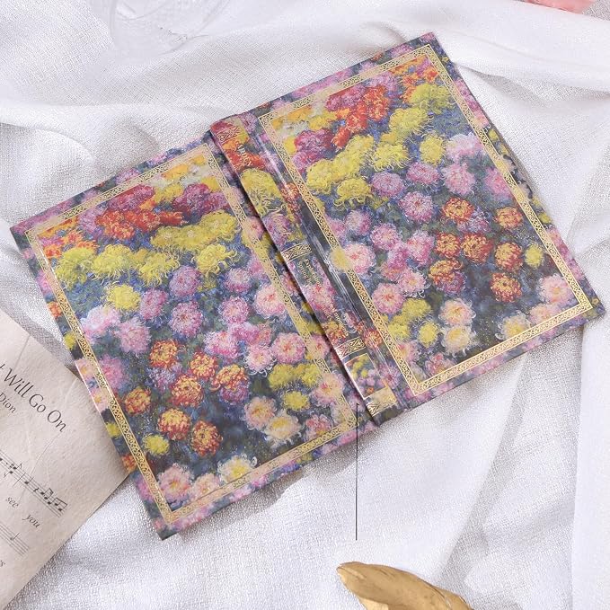 Hardcover Lined Journal - 224 Pages 100GSM Thick A5 Notebook with Gilded Edges & Gold Foil, Aesthetic Chrysanthemum Garden Diary for Women, Dream Journal