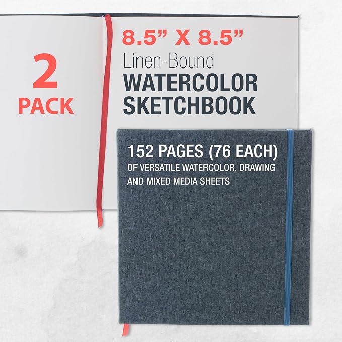 U.S. Art Supply 8.5" x 8.5" Watercolor Book (2 Pack, 76 Sheets Each) - 110lb (230 GSM) Linen-Bound Hardcover Artist Paper Pads - Acid-Free Cold-Pressed Watercolor Paper Pad Mixed Media