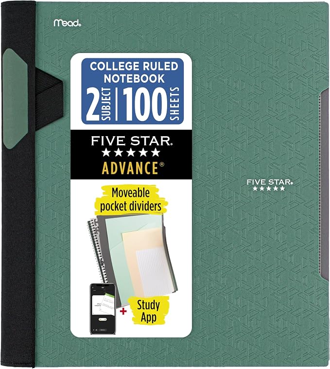 Five Star Advance Spiral Notebook + Study App, 1 Subject, College Ruled Paper, 8-1/2" x 11", 100 Sheets, Spiral Guard, Movable Tabbed Dividers, Seaglass Green (820012C-ECM)
