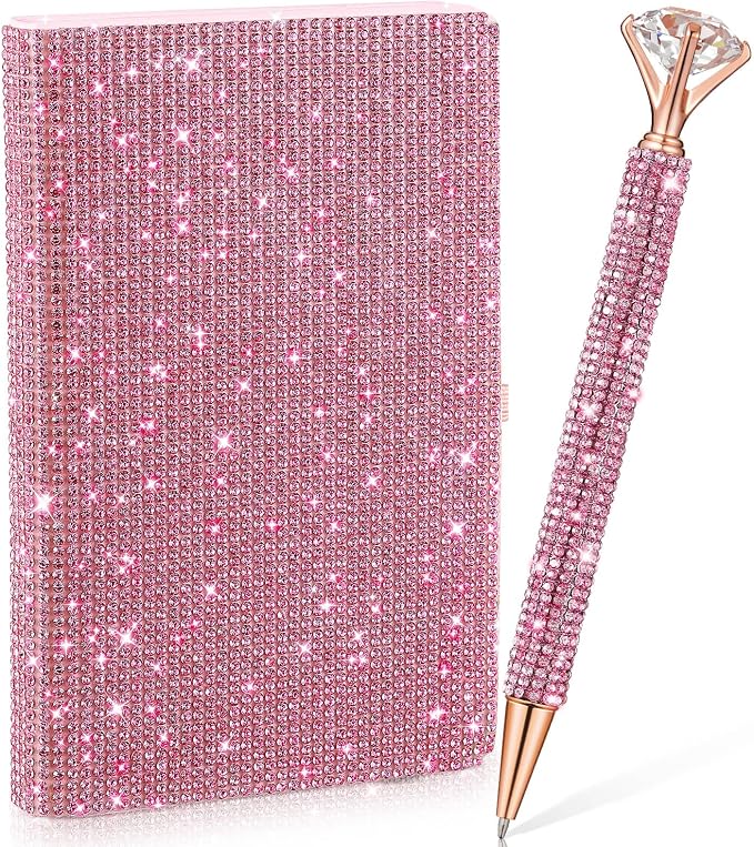 Rhinestone Pen & Glitter Notebook Set, Hard Cover Bling Diary Journal for Girls, Cute School Supplies for Back to School, Sparkly Desk Accessories Gift for Women(Rhinestone,A6,Pink)