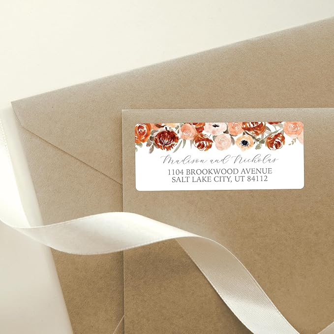 Return Address Labels Personalized with Your Choice of 30 Flower Styles - Choose Font and Font Color or Add Custom Text - Perfect for Wedding Envelopes (025 Orange Flowers)