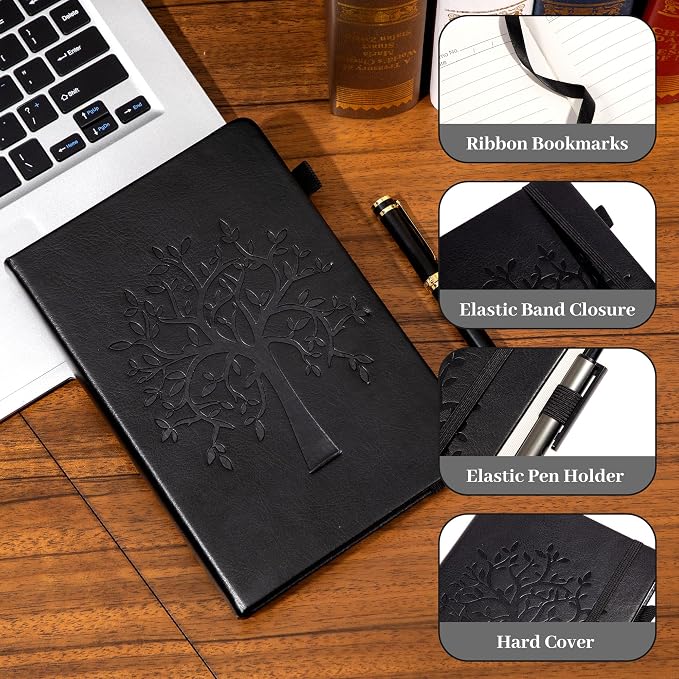 CAGIE Leather Bound Journal for Men & Women, A5 Lined Notebook with 320 Numbered Pages, 100 GSM Thick Paper, Lay Flat Hardcover Journal for Writing, Work, Travel & Daily Use (Black)
