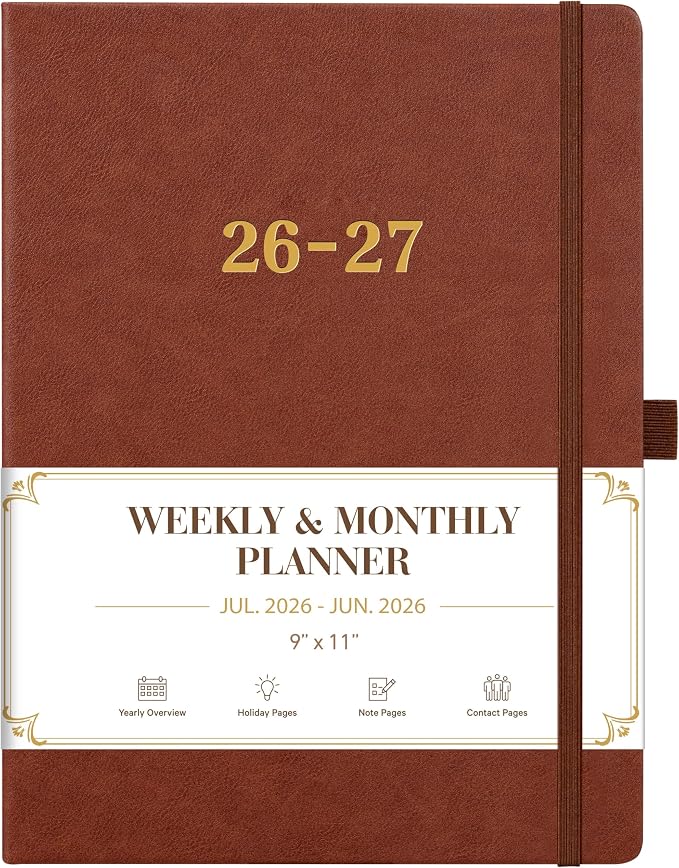Vondafe 2026-2027 Planner - Weekly and Monthly Planner 2026-2027, Jul. 2026 - Jun. 2027, 9" x 11", 26-27 Calendar Planner with Inner Pocket + Elastic Closure + Pen Loop + Bookmarks, Leather Hardcover - Brown
