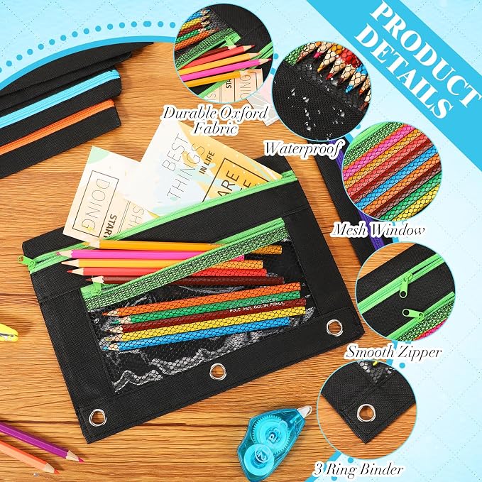 Zhehao 100 Pcs Zipper Binder Pencil Pouches:3 Ring Binder Pencil Pouches with Zipper Window Bulk Clear Pen Bags Case for Office School Classroom Supplies(Double Layer with Mesh Layer,Black)