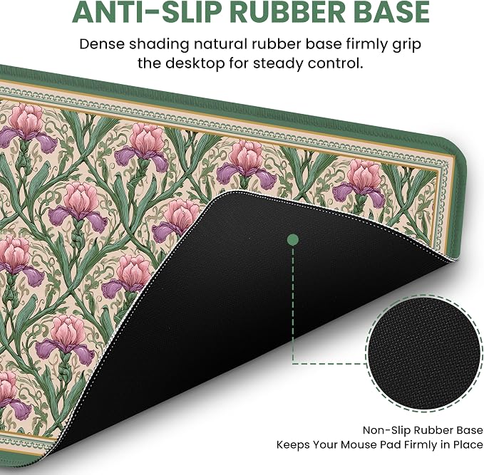 Large Mouse Pad for Desktop, Cute Desk Mat Pad Protector for Work & Gaming, Aesthetic Pretty Anti-Slip Laptop Blotter Cover for Office School Home Supplies, Blush Iris Garden, 31.5" x 11.8"