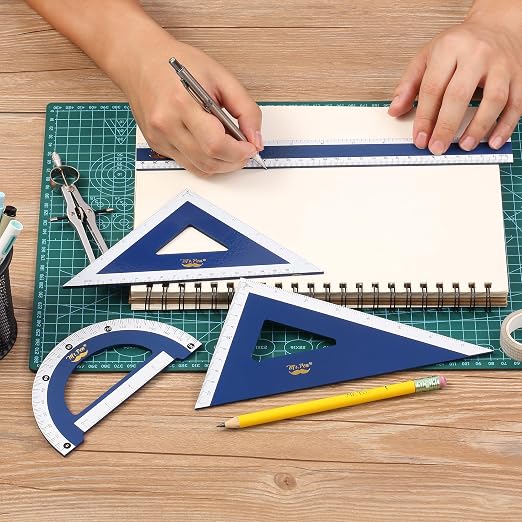 Mr. Pen- Wooden Geometry Set, 4 Pack, 8" 30°/60° Set Square | 5.5" 45°/90° Set Square, 6" Protractor & 12" Ruler for Classroom Use, Math, Drafting, Technical Drawing & Architecture