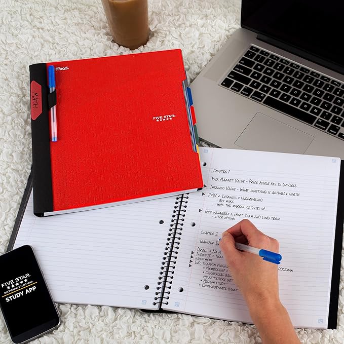 Five Star Advance Spiral Notebook + Study App, 5 Subject, College Ruled Paper, 8-1/2" x 11", 200 Sheets, Spiral Guard, Movable Tabbed Dividers, Fire Red (73146) (Pack of 6)