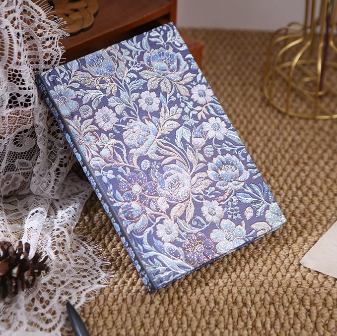 Hardcover Lined Journal - 224 Pages 100GSM Thick Paper A5 Notebook with Gilded Edges, Elegant Blue Damask Floral Pattern, Classic Aesthetic Diary for Women