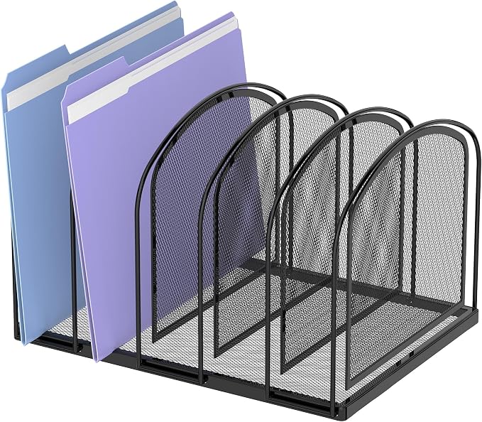 SUPEASY 5-Section File Organizer for Desk, Metal File Folder Holder, Black | 5 Vertical Compartments with Sturdy Metal Base for Office Documents Books Magazines and Laptop