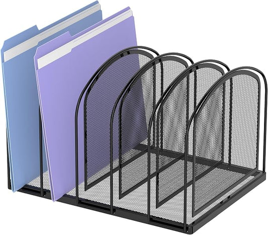 SUPEASY 5-Section File Organizer for Desk, Metal File Folder Holder, Black | 5 Vertical Compartments with Sturdy Metal Base for Office Documents Books Magazines and Laptop