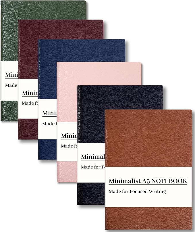 CAGIE Lined Journal Notebooks 6 Pack, 176 Pages Each, A5 Softcover, College Ruled, 100 GSM Thick Paper, for Work, Writing, School (Brown, Black, Pink, Navy Blue, Burgundy, Green) (5.7'' x 8.3'')