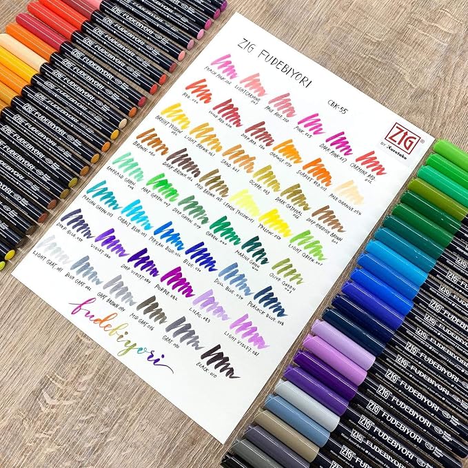 Kuretake ZIG FUDEBIYORI Brush Pens 48 colors set, AP-Certified, Odourless, Xylene free, Flexible Hard brush tip, Effective for both details and larger spaces, Professional quality, Made in Japan