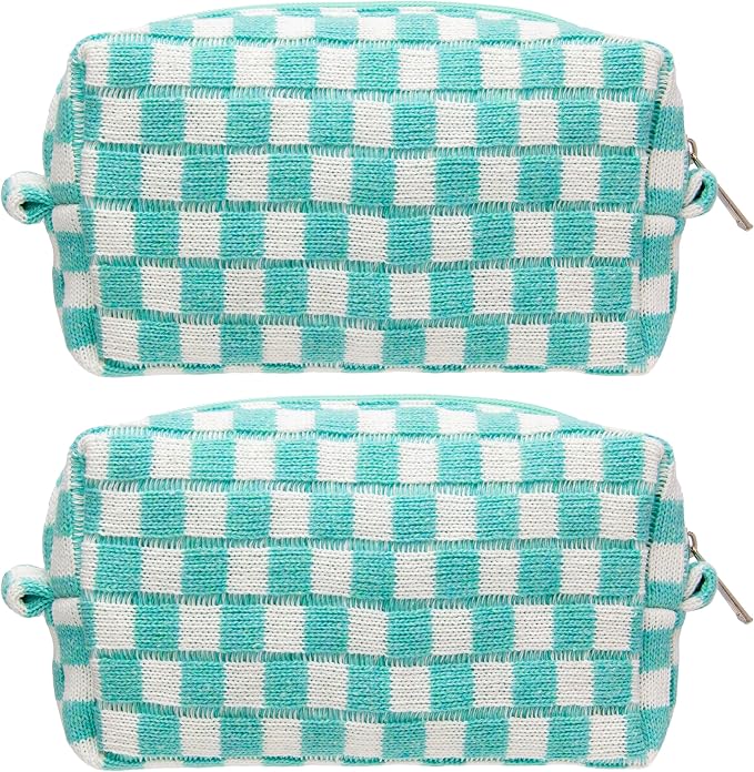 Checkered Makeup Bag for Purse, Small Cosmetic Pouch,Arctic Blue,2 Pack | Cute Zipper Makeup Organizer for Women, Travel Essentials, Toiletries, Makeup Brushes, Beauty Accessories&Bridesmaid Gifts