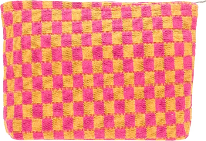 Checkered Makeup Bag for Purse, Small Flat Cosmetic Pouch,Red Orange | Cute Zipper Makeup Organizer for Women, Travel Essentials, Toiletries, Makeup Brushes, Beauty Accessories&Bridesmaid Gifts