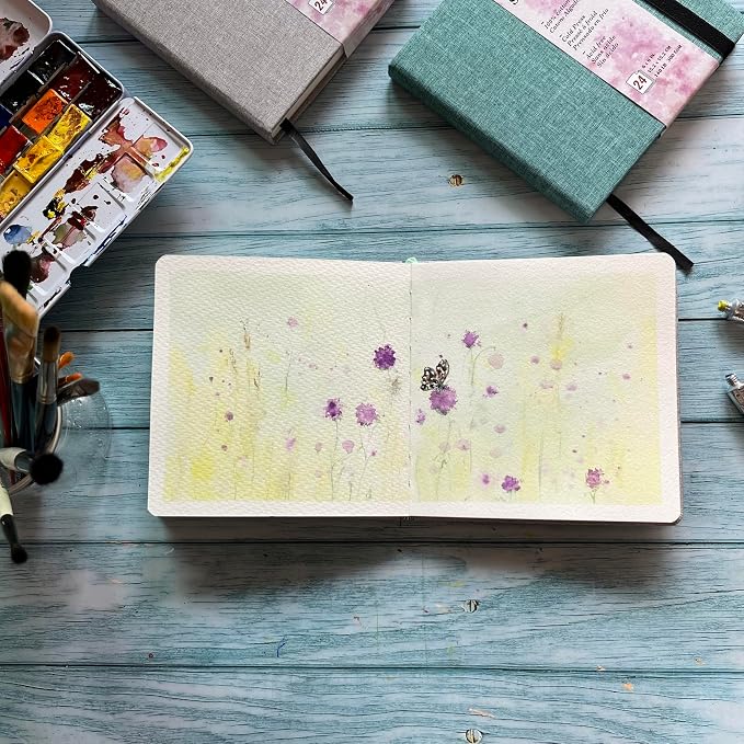 tumuarta Watercolor Journal, 8.25x5.5, 140 LB, 300 GSM, Cotton Paper, Cold Press, 24 Sheets, 48 Pages, Watercolor Paper Sketchbooks for Use As Travel Notebook and Mixed Media Pad