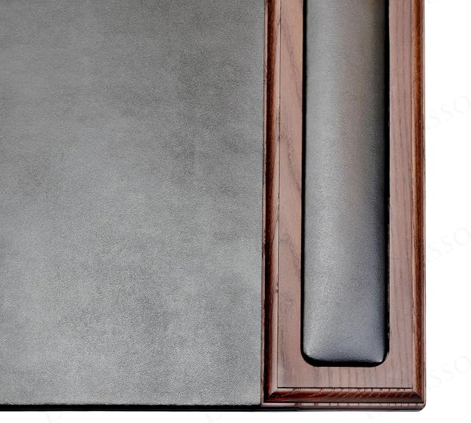 Dacasso 25.5” x 17.25” Walnut & Black Leather Desk Pad w/Side Rails - Luxury Desk Blotter for Writing - Padded Executive Desk Surface Protector