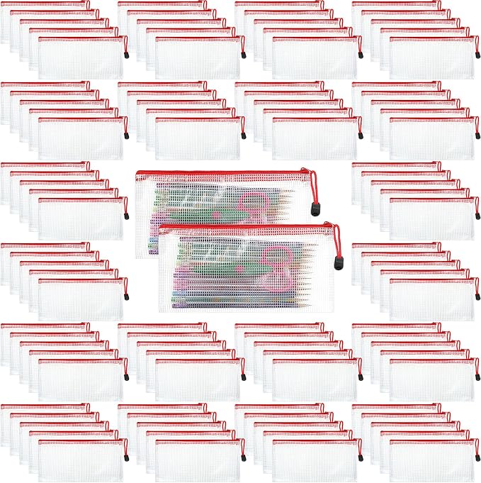 Handepo 100 Pack Mesh Zipper Pouch Pencil Pouches Bulk Clear Storage Bag Small Waterproof Purse Bag Multipurpose for Cash Board Game Passport Office(A6/9.45x4.53in,White Pouch Red Zipper)