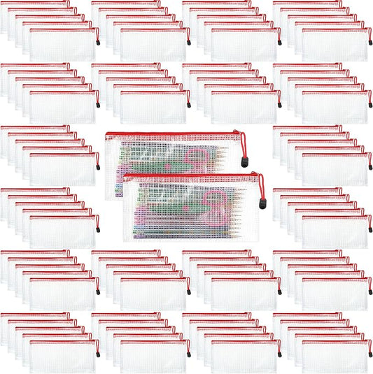 Handepo 100 Pack Mesh Zipper Pouch Pencil Pouches Bulk Clear Storage Bag Small Waterproof Purse Bag Multipurpose for Cash Board Game Passport Office(A6/9.45x4.53in,White Pouch Red Zipper)