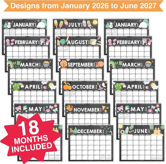2026 Calendar Wall - 2026 Wall Calendar Large, 18-Month Hanging Calendars for School, Home & Office, Academic Monthly Calendar from January 2026 to June 2027, Back to School Teacher Gifts
