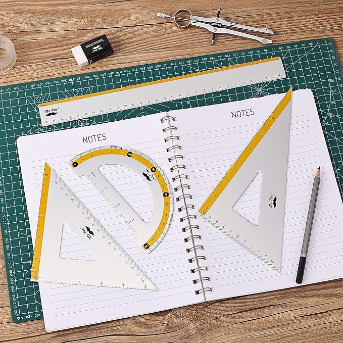 Mr. Pen- Metal Geometry Kit, 4 Pack, 45° & 30°/60° Set Squares | 6" Protractor & 12" Ruler, Durable Metal Drafting Tools for Technical Drawing, Math, Engineering & Architecture